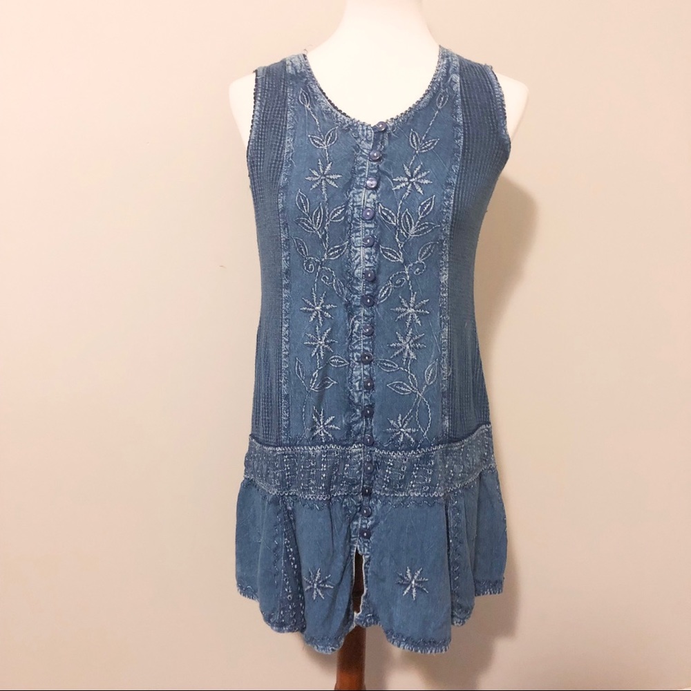 Chambray Embroidered Mini Dress